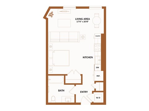 A floor plan of a house with a living area, kitchen, bath, and entry.